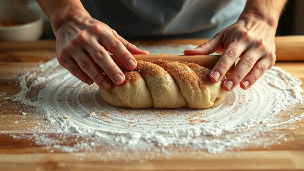 process: hands rolling cinnamon sugar dough into tight log on floured surface, photorealistic, warm kitchen lighting, no text
