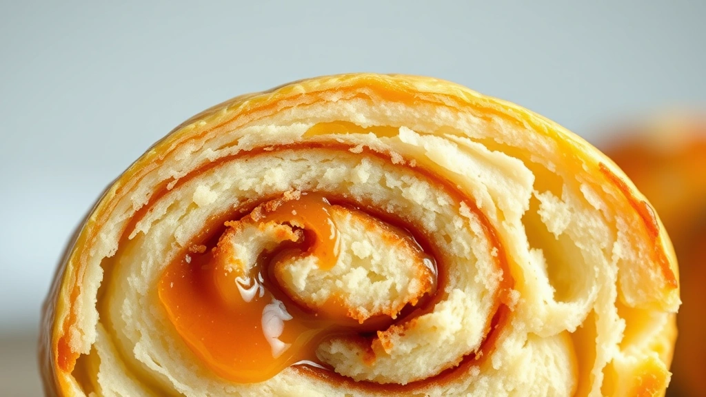 detail: close-up cross-section of single caramel roll showing fluffy dough and cinnamon swirl interior with glossy caramel, photorealistic, natural daylight, no text