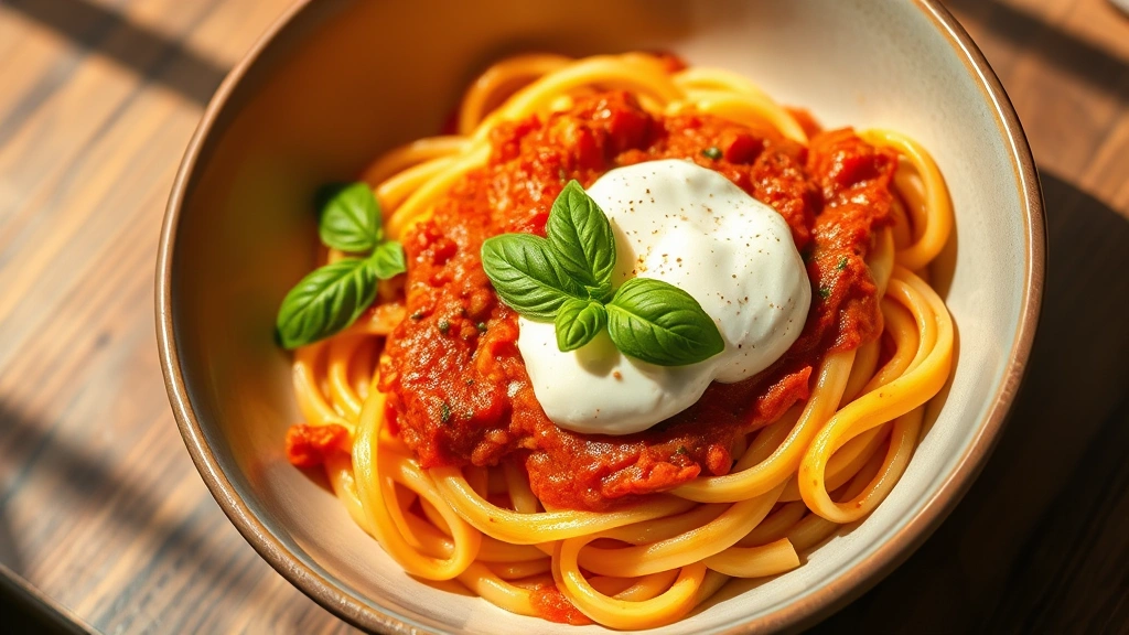 hero: bowl of spicy rigatoni pasta with creamy burrata cheese melting on top, fresh basil garnish, rich red tomato sauce, warm natural light from side, close-up overhead shot, restaurant quality plating