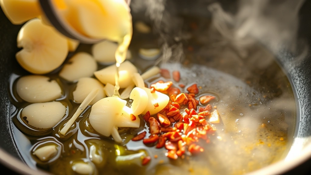 process: garlic slices being added to hot olive oil in skillet, red pepper flakes being stirred in, fragrant steam rising, close-up action shot with natural window light