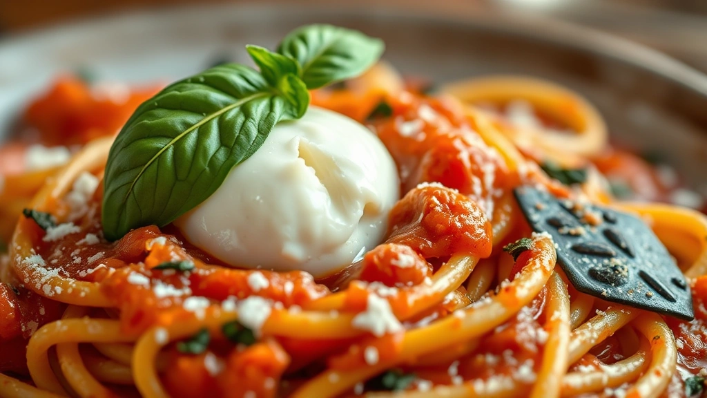 detail: close-up of burrata cheese melting into hot spicy rigatoni, fresh basil leaf on top, sauce coating pasta strands, macro photography with shallow depth of field, warm lighting