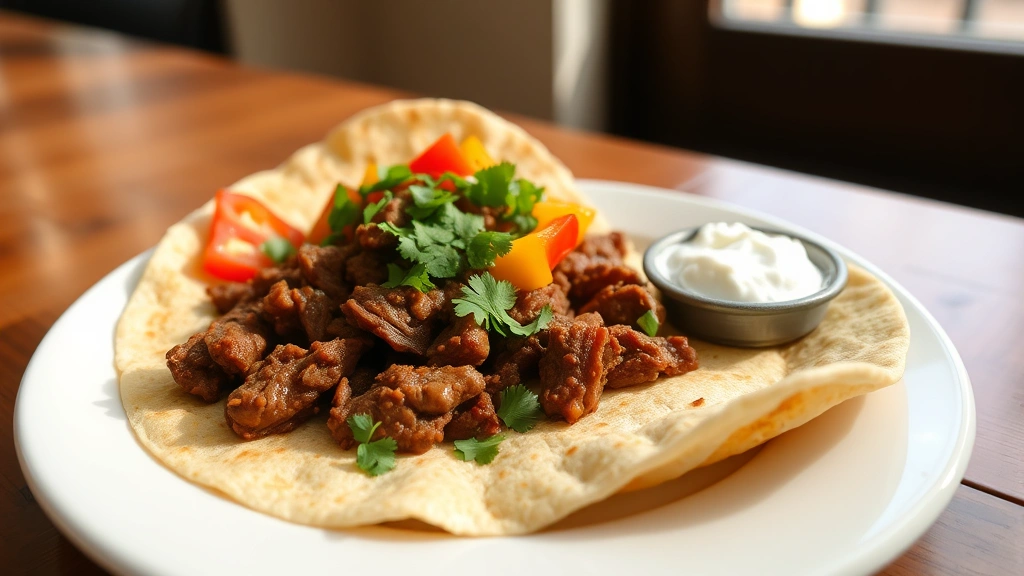 hero: Carne picada served on a white plate with warm flour tortillas, sour cream, guacamole and fresh cilantro, vibrant red and yellow bell peppers visible, natural daylight from window, wooden table surface, appetizing and inviting