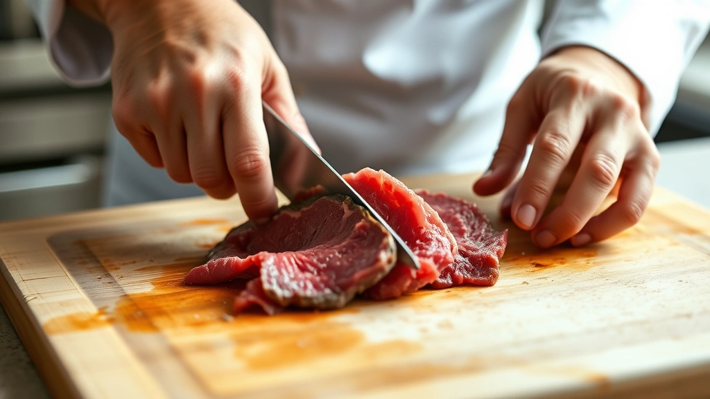 process: Chef's hands slicing thin beef against the grain on a cutting board, clear demonstration of proper cutting technique, natural kitchen lighting, close focus on the slicing action