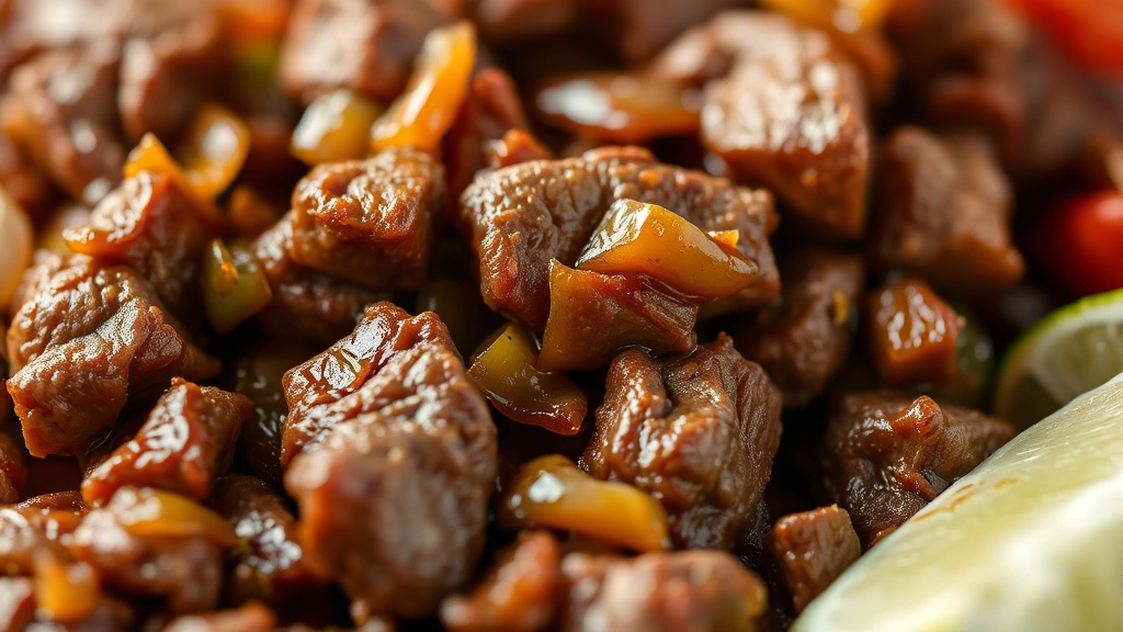 detail: Close-up macro shot of finished carne picada showing tender beef pieces mixed with caramelized onions and peppers, glistening with cooking oil, fresh lime wedge nearby, shallow depth of field, appetizing detail texture