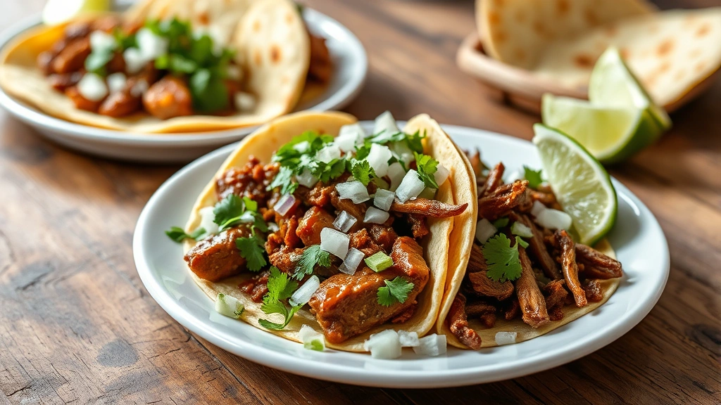 hero: delicious carnitas tacos served on a white plate with fresh cilantro, diced onions, and lime wedges, warm corn tortillas in background, rustic wooden table, natural afternoon light, no text