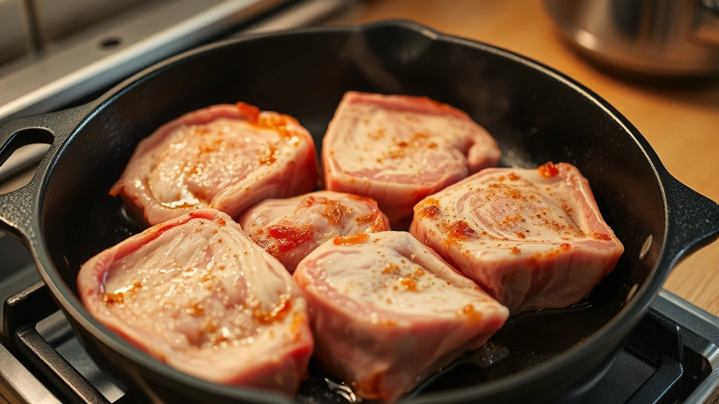 process: raw pork shoulder chunks being seared in a cast iron skillet with golden-brown crust forming, steam rising, warm kitchen lighting, overhead angle, no text