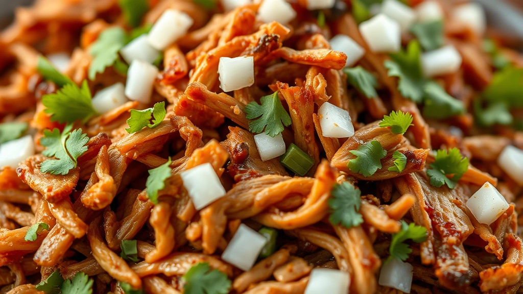 detail: close-up of shredded carnitas pork with crispy caramelized edges glistening with rendered fat, fresh cilantro and diced white onion scattered on top, shallow depth of field, warm natural light, no text