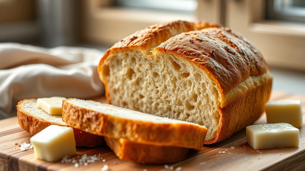 hero: golden-brown carnivore bread loaf fresh from oven, sliced to show tender interior, surrounded by butter pats and sea salt, photographed with natural window light, shallow depth of field, no text or watermarks