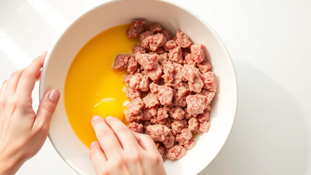 process: hands mixing ground meat and eggs together in white mixing bowl, golden egg mixture binding pink meat, photographed from above with bright natural lighting, clean minimalist kitchen setting