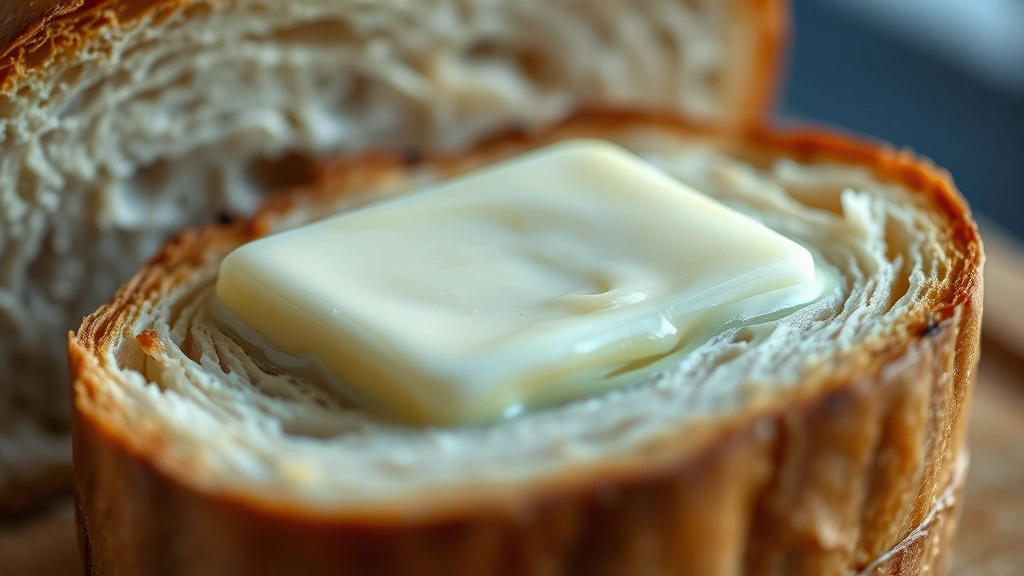detail: close-up cross-section of sliced carnivore bread showing layered texture and golden crust, single slice topped with melting butter, macro photography with natural daylight, shallow focus on butter detail