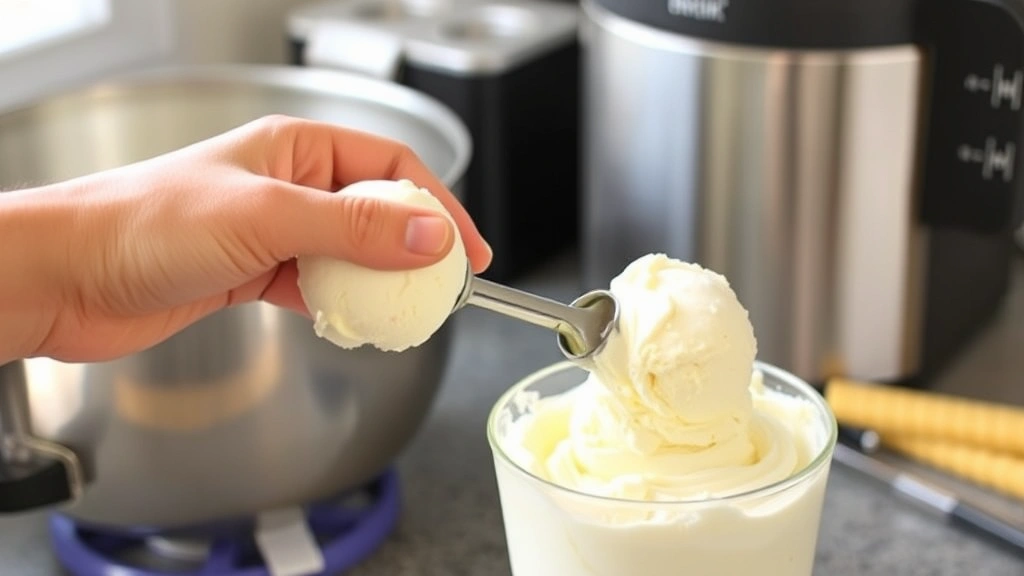 process: hand using warm ice cream scoop into container of soft-serve mixture, mid-churn consistency visible, stainless steel mixing bowl and ice cream maker in background, natural kitchen lighting, no text