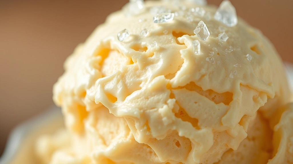 detail: close-up macro shot of single scoop of rich cream-colored ice cream showing texture, melting slightly under warm lighting, sea salt crystals visible on top, shallow depth of field, no text