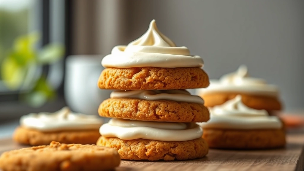hero: stack of carrot cake cookies with cream cheese frosting, photorealistic, natural window light, shallow depth of field, no text