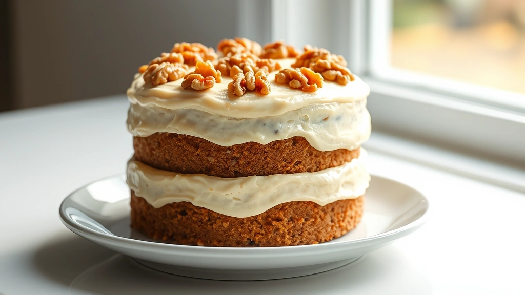 hero: finished carrot cake with cream cheese frosting, two layers, topped with toasted walnuts, natural window light, clean white plate, photorealistic, no text