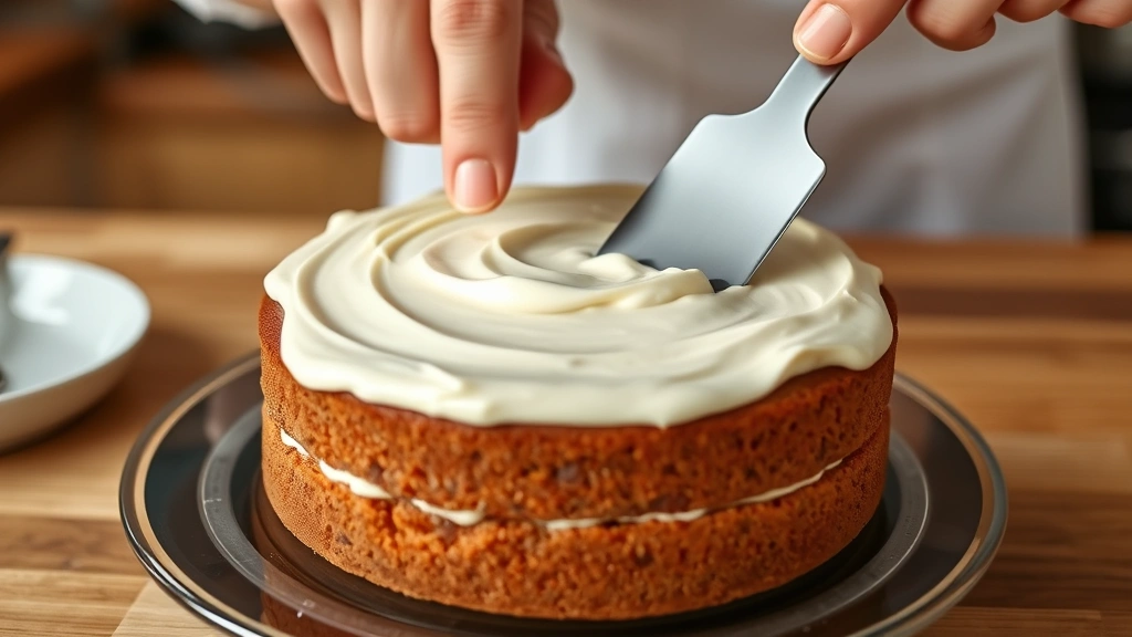process: hand spreading cream cheese frosting between two carrot cake layers, offset spatula visible, warm kitchen lighting, photorealistic, no text