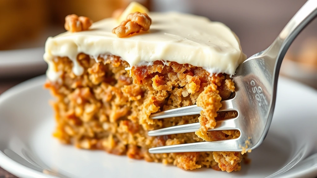 detail: close-up slice of carrot cake showing moist crumb, cream cheese frosting, crushed pineapple and walnut pieces visible, fork ready to cut, photorealistic, no text