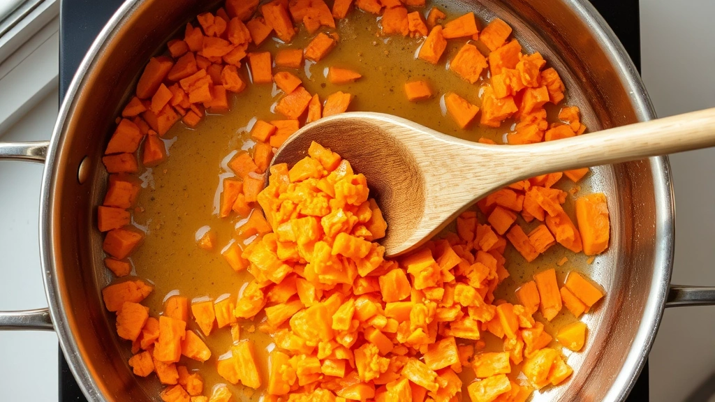 process: overhead shot of pan with grated orange carrots being stirred in ghee, golden liquid visible, wooden spoon mid-stir, natural daylight from window, no text