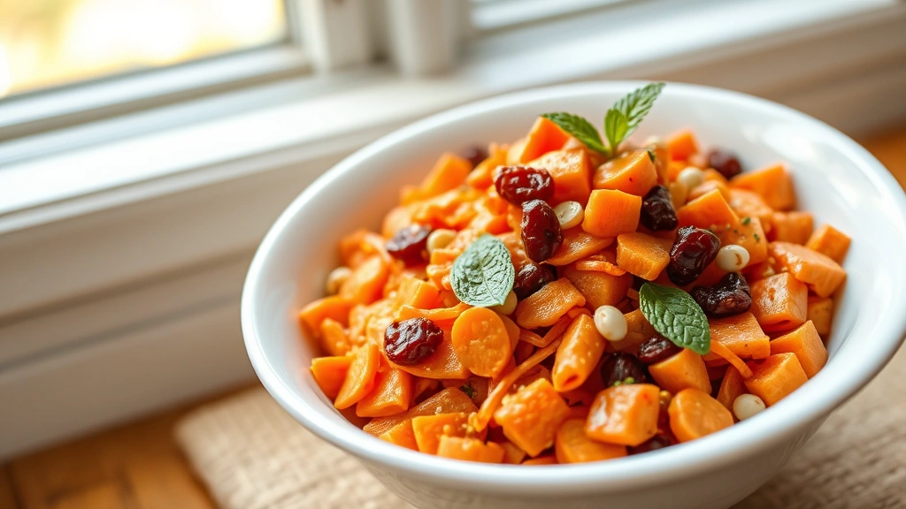 hero: vibrant carrot raisin salad in white ceramic bowl, golden raisins scattered throughout, fresh mint garnish, natural window light, warm tones, no text