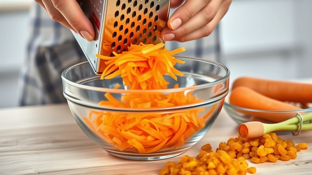 process: hands shredding fresh carrots with box grater into clear glass bowl, golden raisins nearby, bright kitchen lighting, photorealistic, no text