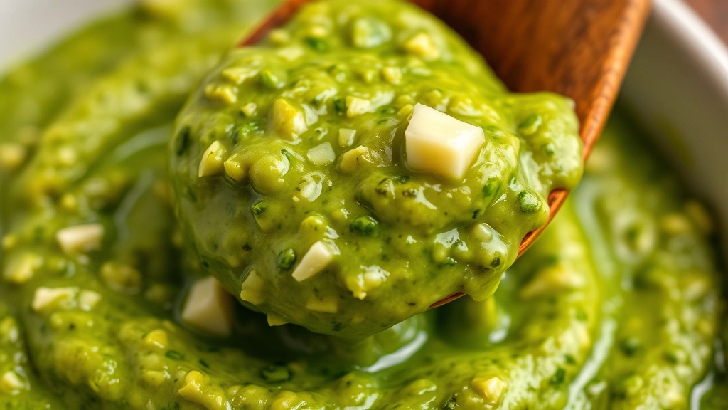 detail: close-up of finished creamy green pesto with visible texture and specks of cheese, wooden spoon with pesto dripping, warm natural light, photorealistic, no text