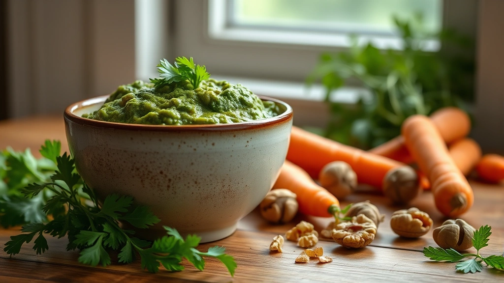 hero: vibrant green carrot top pesto in a rustic ceramic bowl with fresh carrot tops and walnuts scattered nearby, photorealistic, natural window light, no text, wooden table