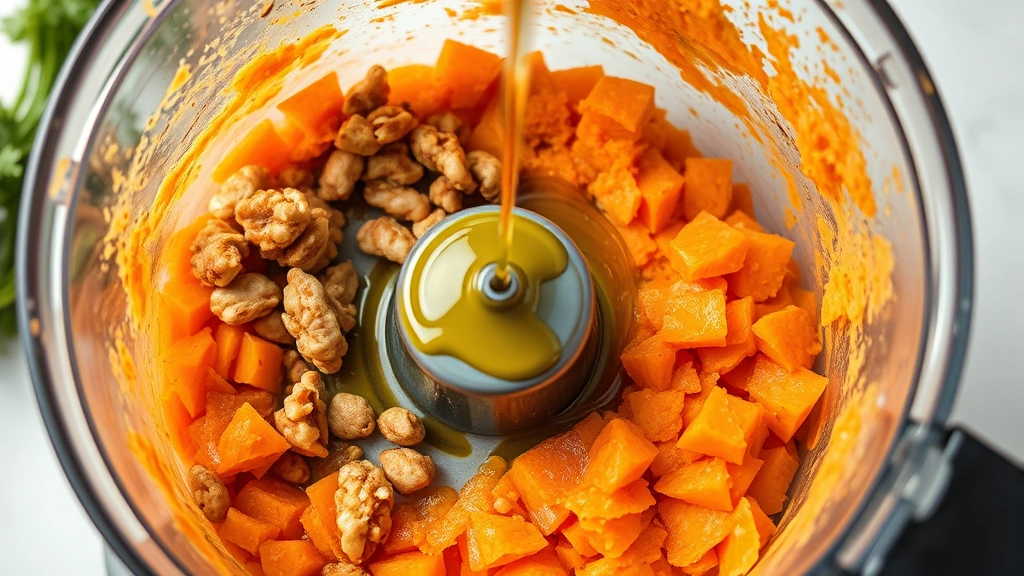 process: food processor blending carrot tops and walnuts with olive oil drizzling in, photorealistic, natural light, no text, close angle showing texture