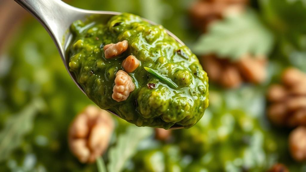 detail: spoonful of bright green pesto with visible walnut pieces and herbs, photorealistic, natural light, no text, shallow depth of field