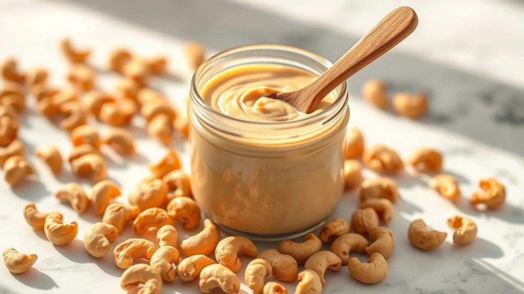 hero: Smooth creamy cashew butter in a glass jar with a wooden spoon, surrounded by whole roasted cashews scattered on a white marble surface, warm natural sunlight streaming from the left, shallow depth of field, no text or watermarks