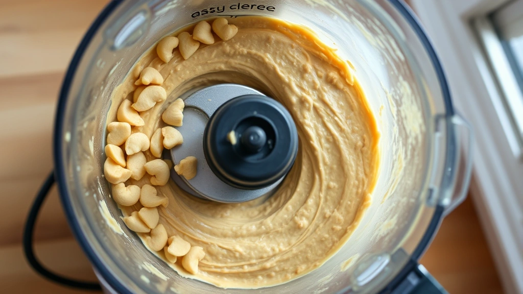 process: Food processor filled with cashew butter at the exact moment of transformation from chunky to creamy, mid-process with some cashew pieces visible, overhead shot with natural window light, no text