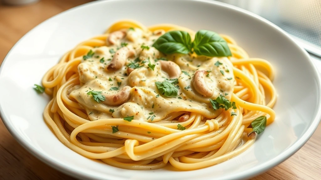 hero: creamy cashew sauce over fresh pasta with herbs, photorealistic, natural window light, no text, garnished with fresh basil