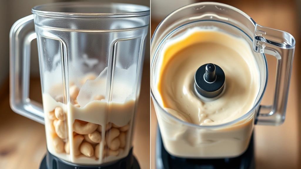 process: high-powered blender blending soaked cashews into smooth cream, photorealistic, natural light, no text, close-up of blender contents