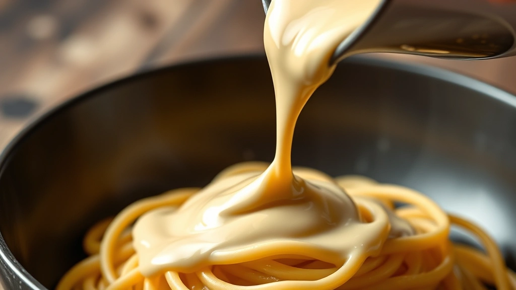 detail: silky smooth cashew cream being poured over hot pasta, photorealistic, natural light, no text, close-up showing luxurious texture and consistency
