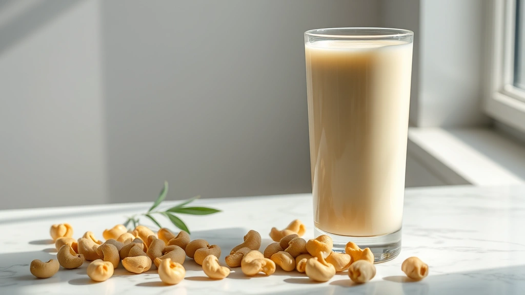 hero: tall glass of creamy white cashew milk with fresh raw cashews scattered beside it on white marble countertop, natural window light creating soft shadows, professional food photography