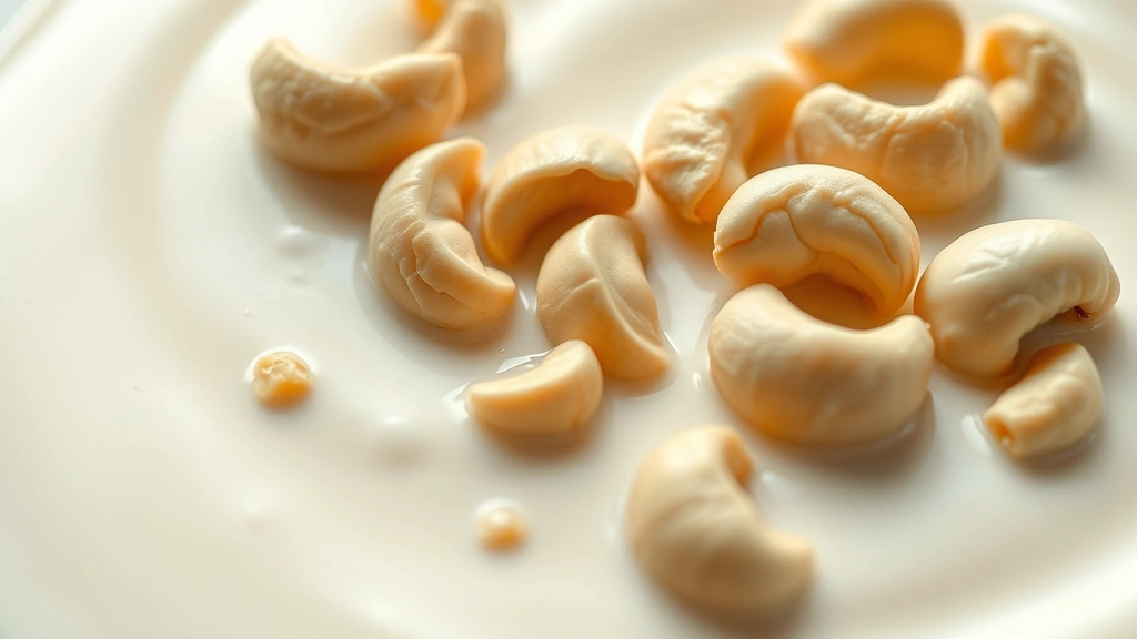 detail: extreme close-up of silky cashew milk texture showing creamy consistency, fresh cashew halves on the surface, soft natural lighting highlighting the luxurious quality