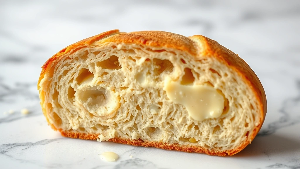detail: cross-section of sliced cassava bread showing tender crumb structure and golden crust, single slice on marble surface with butter melting, macro photography, soft natural light, no text