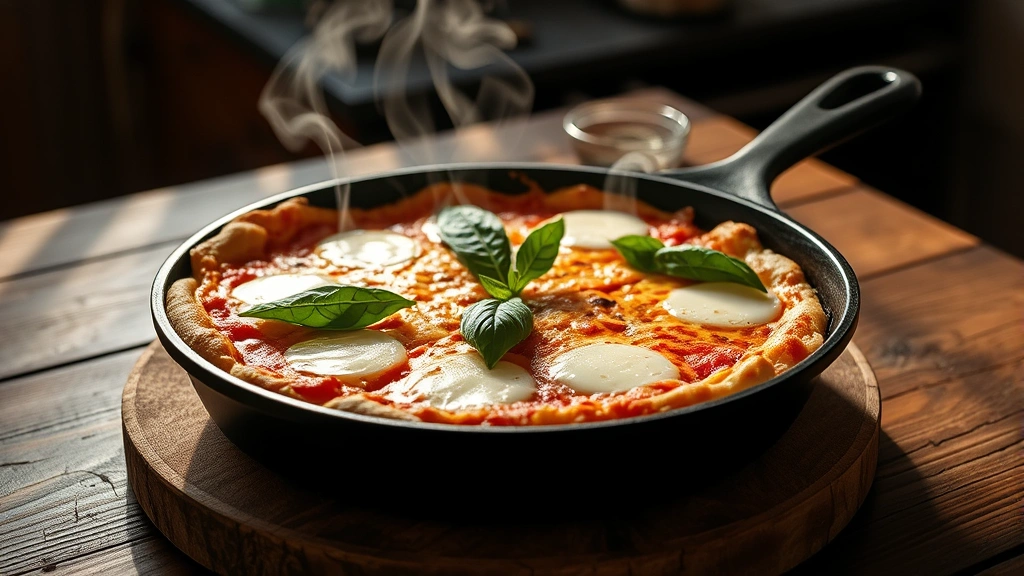 hero: golden bubbly cast iron pizza with melted mozzarella cheese and fresh basil garnish, steam rising from the pan, natural kitchen light streaming in, rustic wooden table background