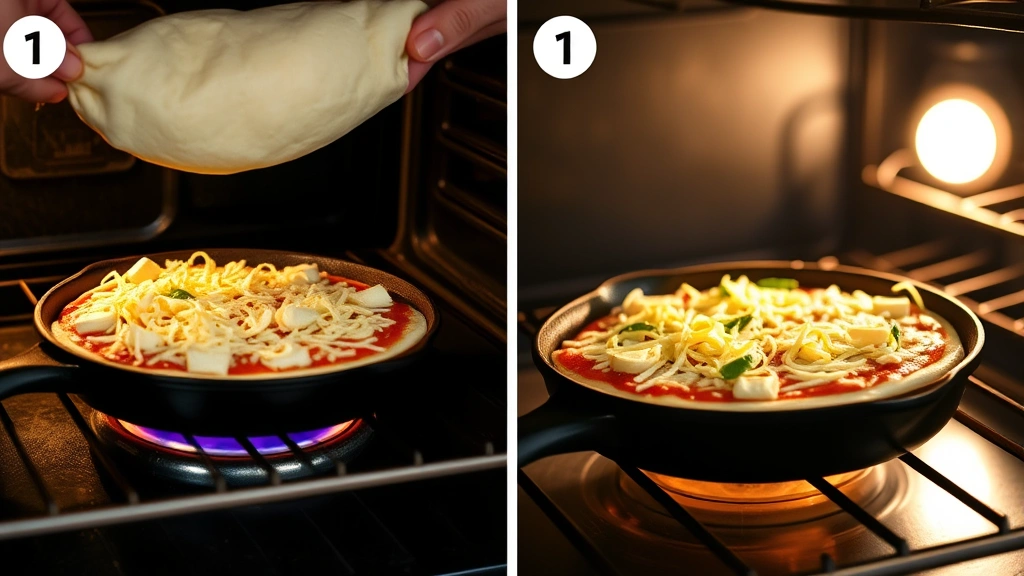 process: stretching pizza dough over hot cast iron skillet in oven, cheese melting and starting to brown, golden crust forming at edges, warm oven light