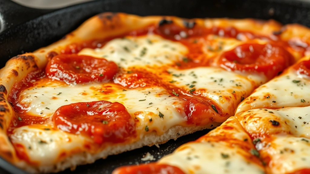 detail: close-up cross-section of cast iron pizza showing crispy golden bottom crust, layers of sauce and melted cheese, charred edges with oregano seasoning visible