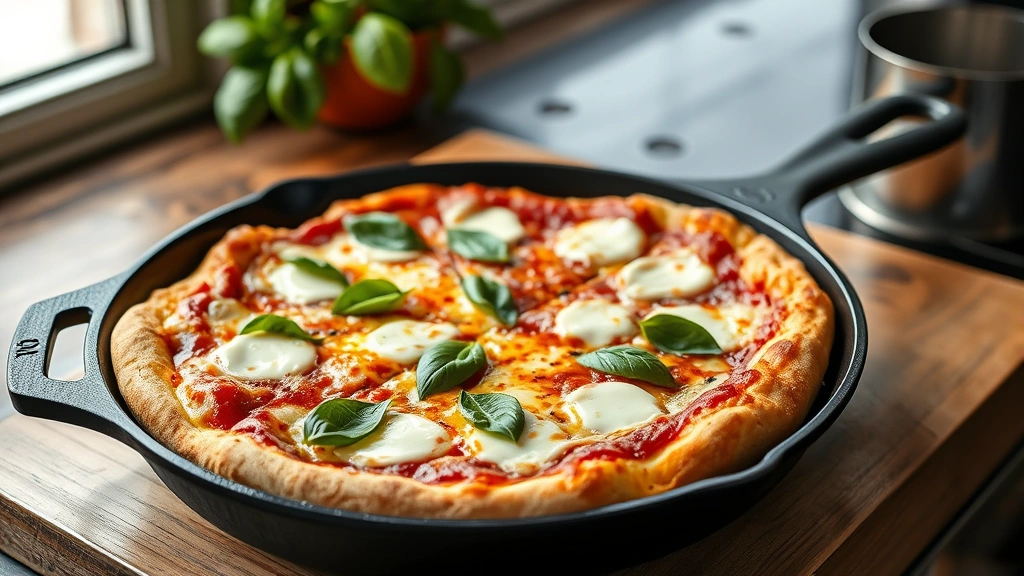 hero: cast iron skillet pizza with melted mozzarella and basil, golden crispy crust, natural window light, rustic kitchen counter, no text visible