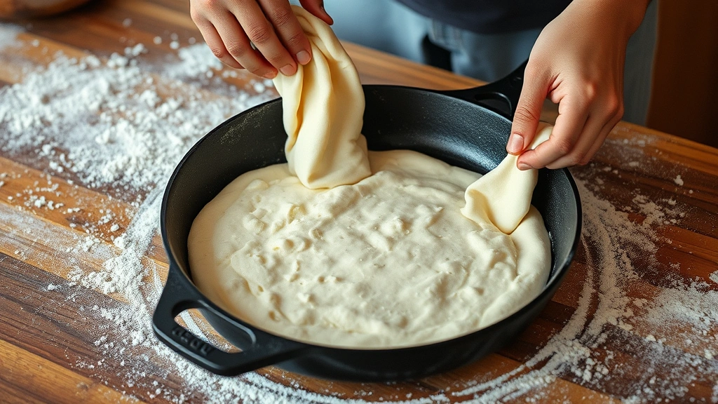 process: stretching pizza dough into cast iron skillet, hands working the dough, flour dusted surface, warm kitchen lighting, action shot, no text