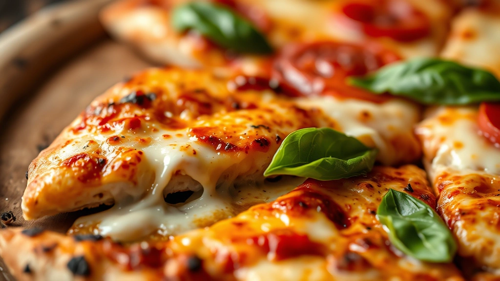 detail: close-up of finished pizza slice with melted cheese pull, crispy charred crust bottom, fresh basil leaves, shallow depth of field, no text