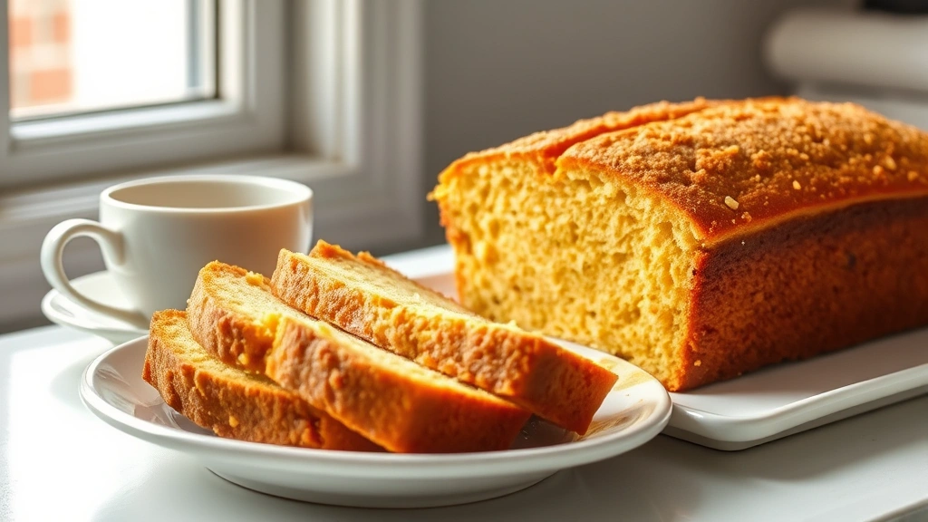 hero: golden castella cake loaf sliced on white plate with tea cup, photorealistic, warm natural window light, no text