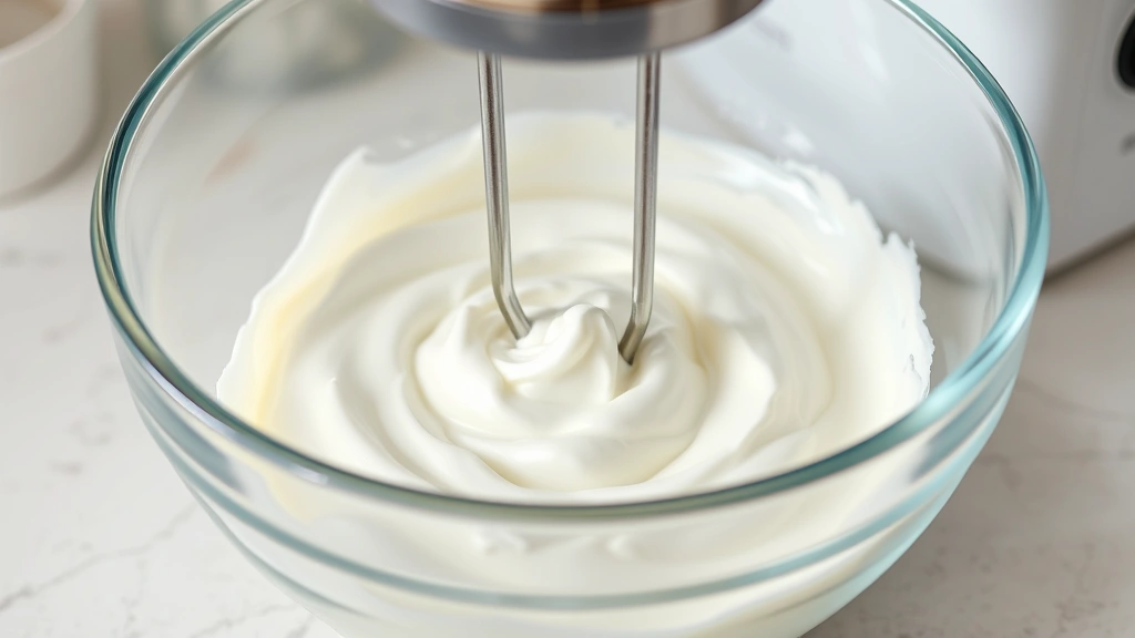 process: whipping egg whites to stiff peaks in clear glass bowl with electric mixer, photorealistic, bright kitchen lighting, no text