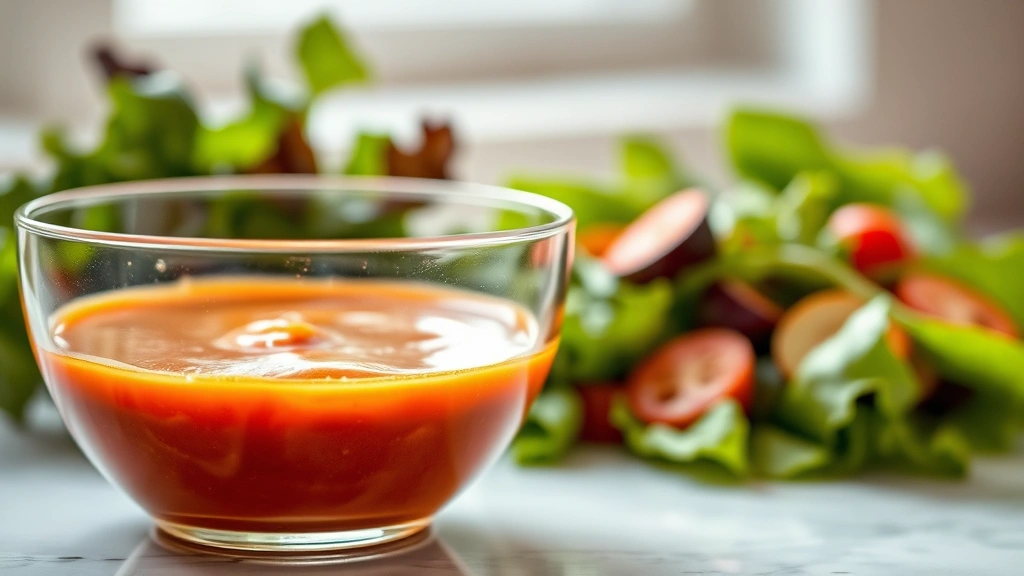 hero: Glass bowl of vibrant rust-colored Catalina dressing with creamy texture, fresh salad greens blurred in background, natural window light, professionally styled on white marble counter