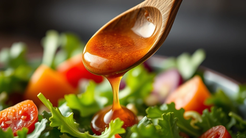 detail: Close-up macro shot of Catalina dressing dripping from wooden spoon onto fresh green salad, shallow depth of field, rich rust color, natural backlighting