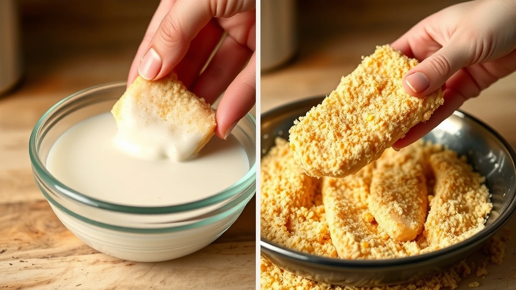 process: hand dipping catfish fillet in buttermilk then coating in cornmeal mixture, photorealistic, natural kitchen lighting, no text