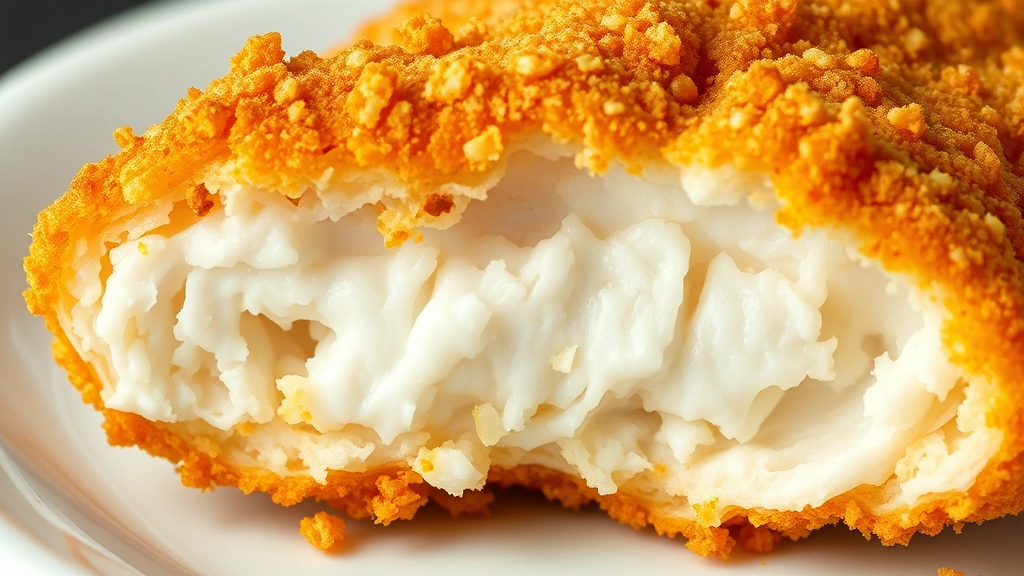 detail: close-up cross-section of fried catfish showing crispy golden cornmeal crust and flaky white interior, photorealistic, natural light, no text
