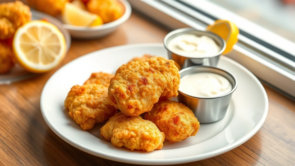 hero: golden crispy catfish nuggets on a white plate with fresh lemon wedges and tartar sauce, photorealistic, natural window light, no text