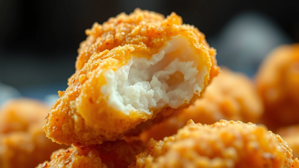 detail: close-up of a single perfectly golden fried catfish nugget showing crispy coating texture, photorealistic, natural light, no text