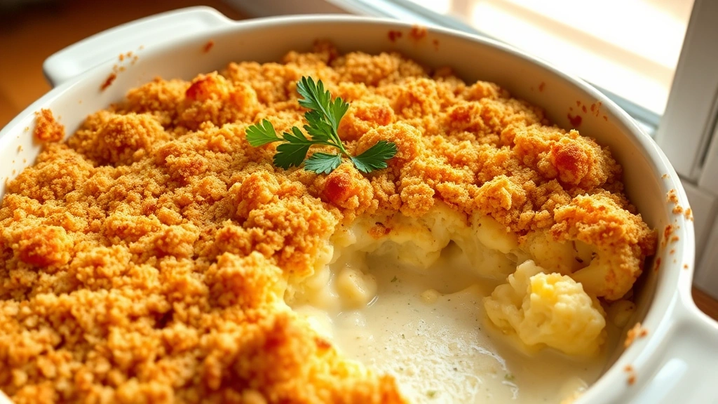 hero: golden baked cauliflower casserole with crispy breadcrumb topping, creamy cheese sauce visible, fresh parsley garnish, served in a white ceramic baking dish, natural window light, warm inviting setting, no text
